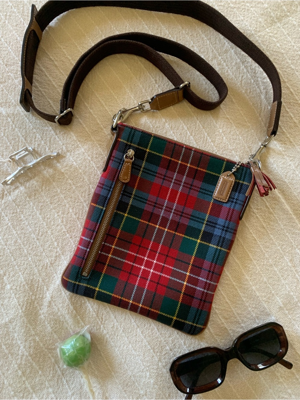 Y2K Coach Plaid Wool & Leather Crossbody